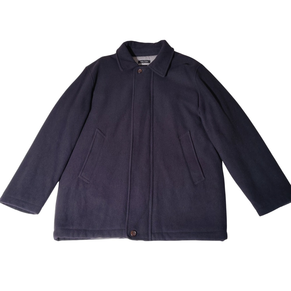 Nautica Mens Navy Blue Wool Blend Full Zip Button Front Car Coat Jacket Size M